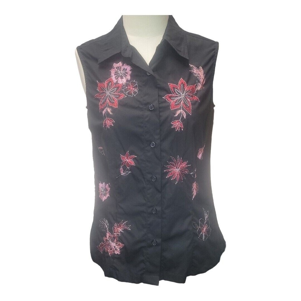 Van Heusen New Women's Medium M Button Up Shirt Sleeveless shirt Blue Floral